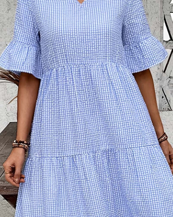 Kjole Blå Hvit Gingham V-Hals