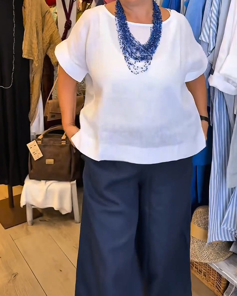 Bluse Rundhalset Solid Rett Casual