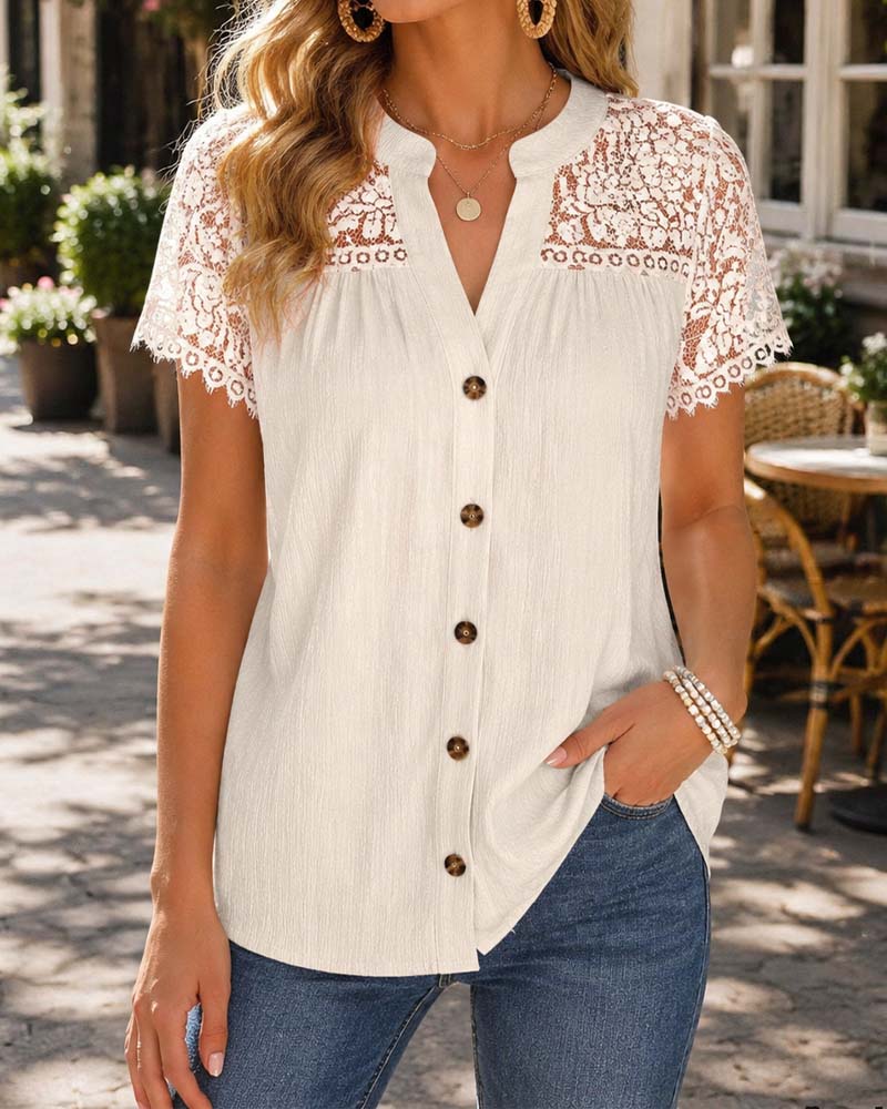 Bluse V-Hals Knapp Blonde Panel