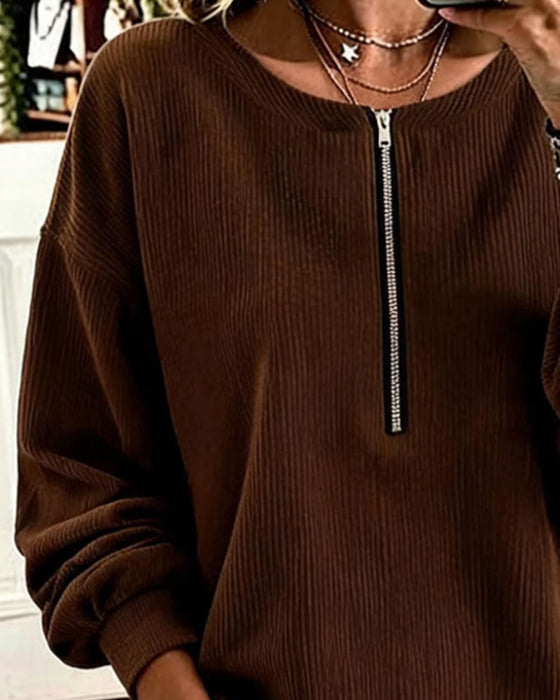 Sweatshirt Rund Hals Glidelås Stripet Drop Skulder
