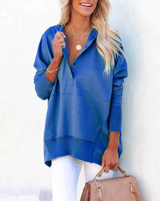 Sweatshirt casual v-hals hette ensfarget løs