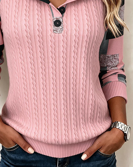 Sweatshirt Fargeblokk Henley Krage Langermet Knappet
