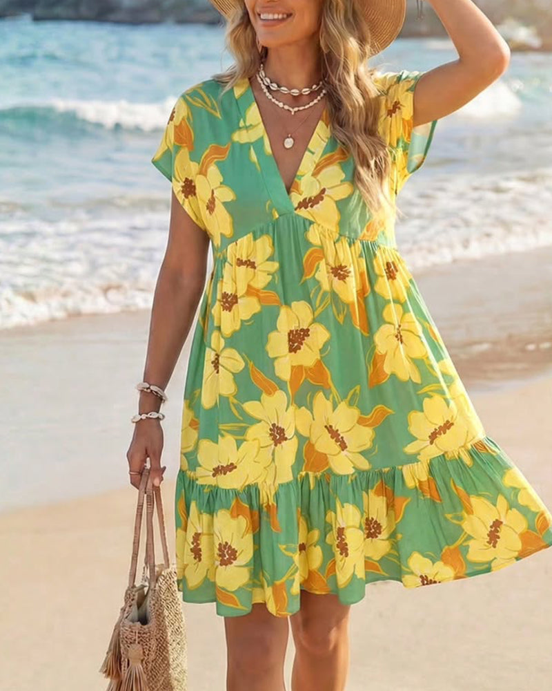 Babydoll Kjole V-Utringning Blomstret Trykk