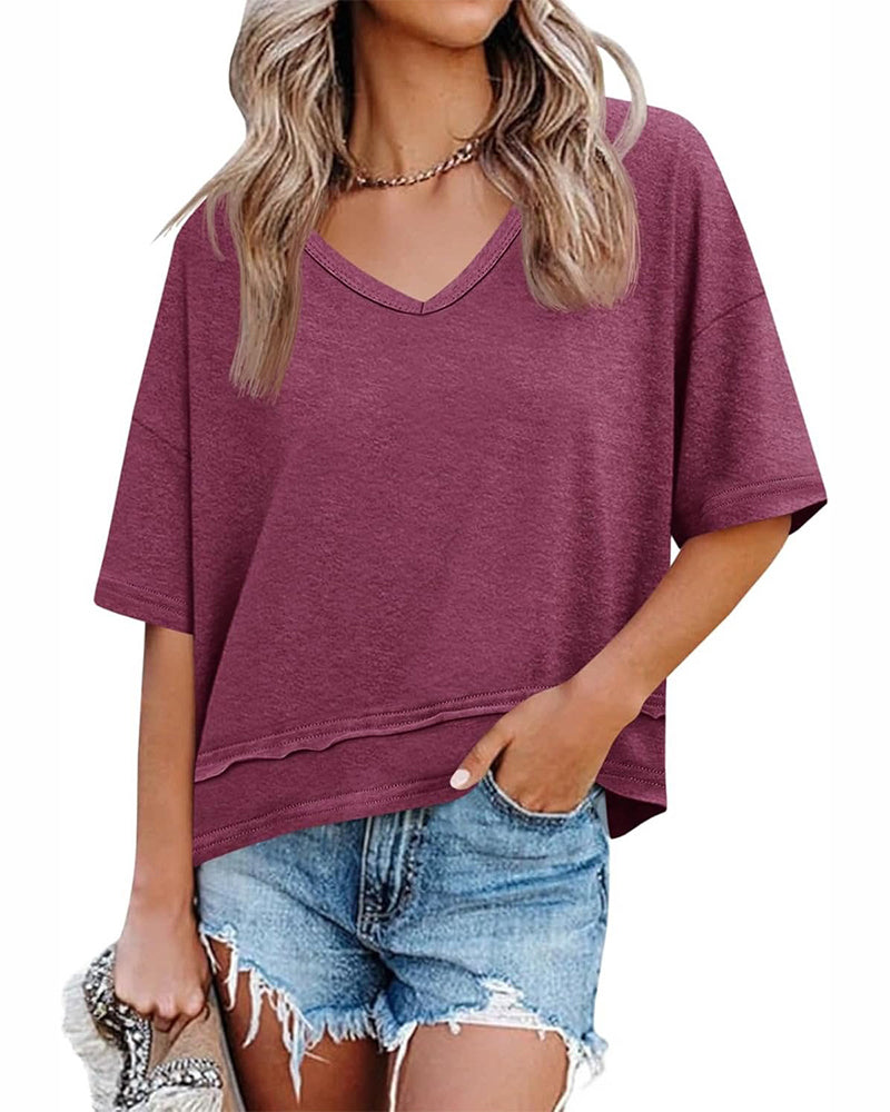 Bluse Ensfarget V-Utringning Lappeteppe Kant