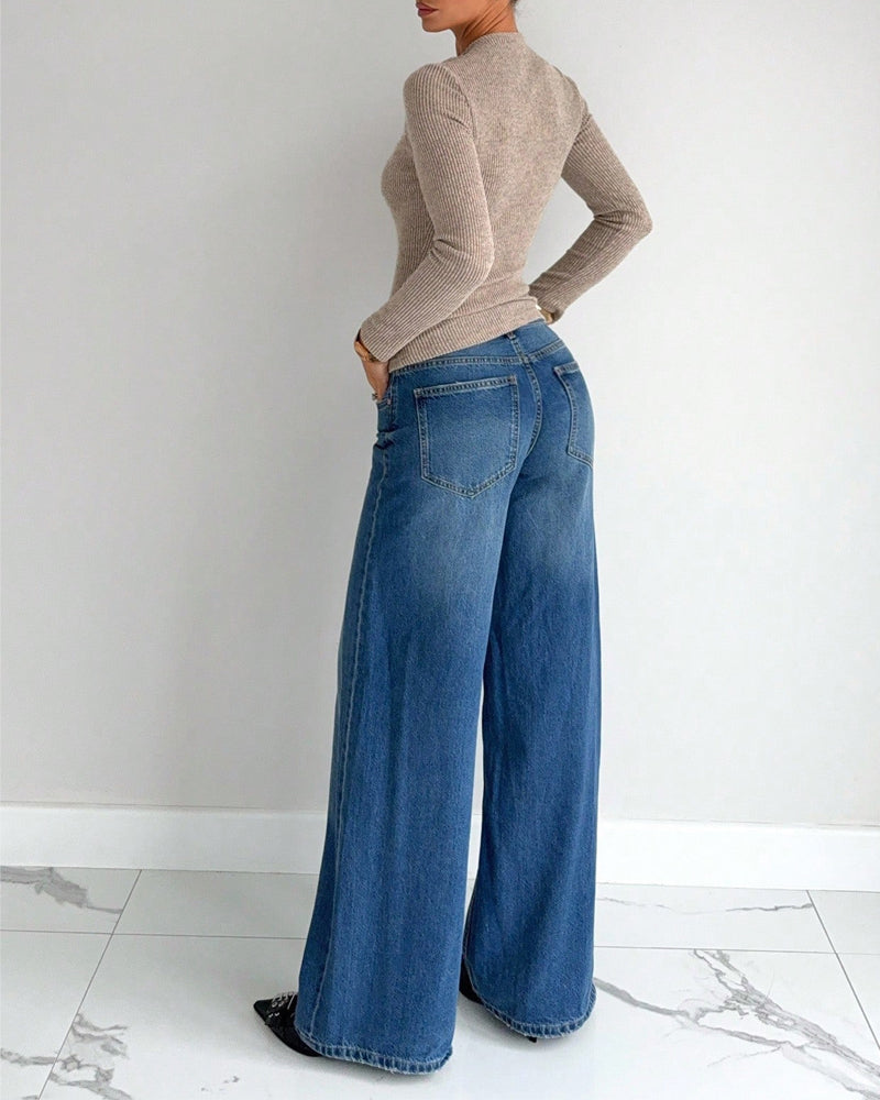 T-Skjorte Dame Lang Erm Ribbet Strikket Sving Front