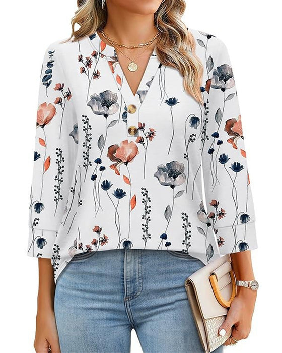 Bluse V-Hals Knappet Trekvart Erme