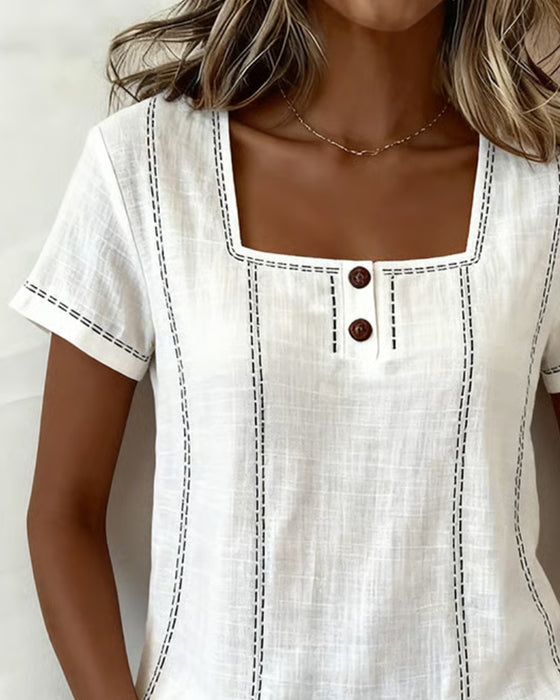 Bluse Liten Firkantet Hals Solid Knapp