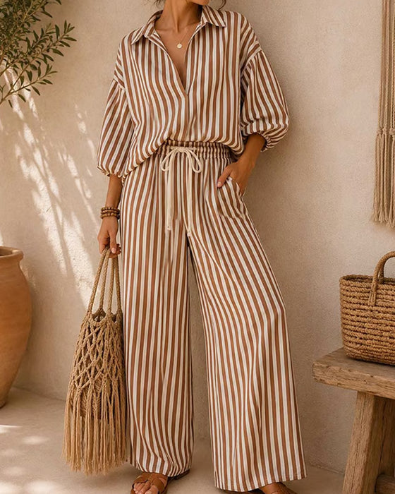 Set Skjorte Krage Stripe Bred Ben Lanterne Erme