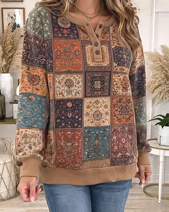 Sweatshirt Rund Hals Knappet Rutemønster Kontrast