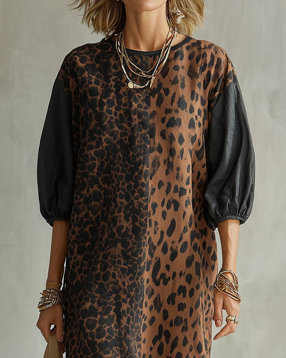 Kjole Leopard Trykk Fargeblokk Puff Erme