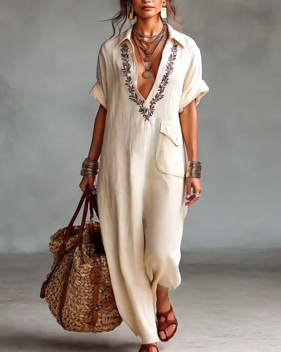 Kjole Dyp V-Hals Trykk Casual Maxi
