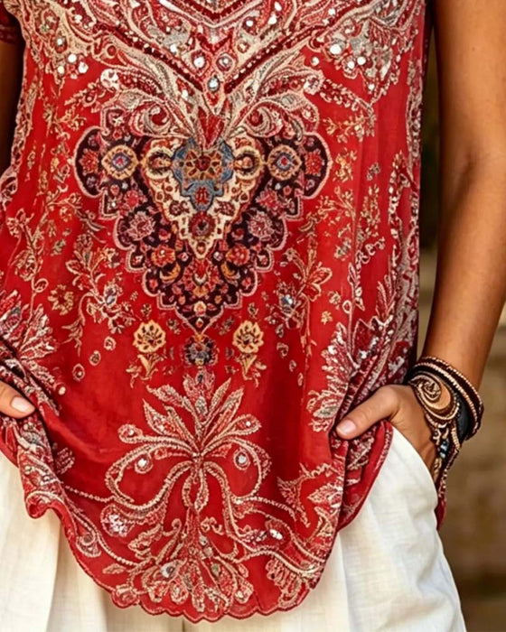 T-Shirt Boho V-Hals Trykt Kortarmet