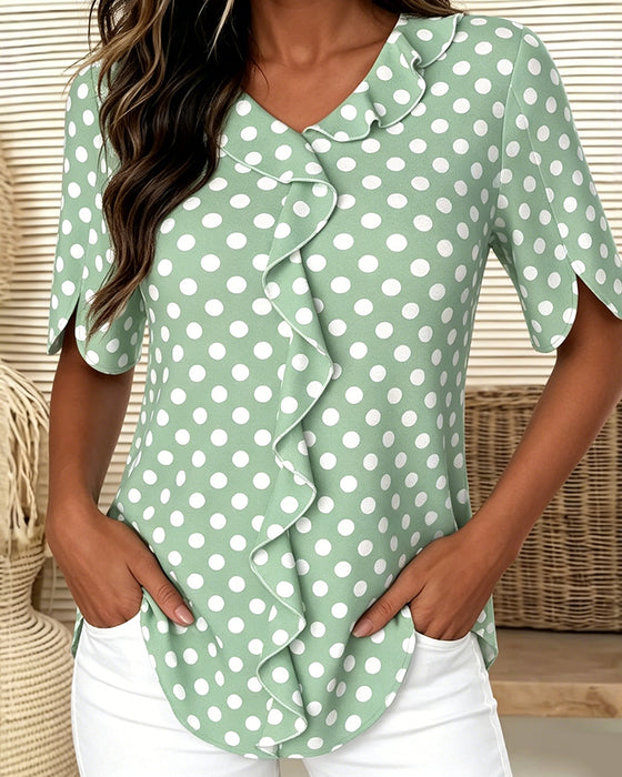 Bluse Prikkete Ruffle V-Hals
