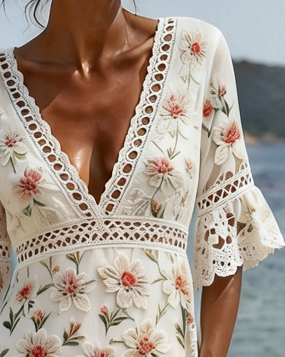 Kjole Hollow Out Patchwork V-Hals Blomstret