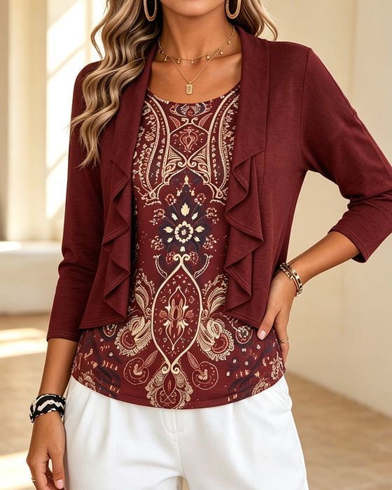 Bluse Imitasjon Todelt Ruffle Trykk