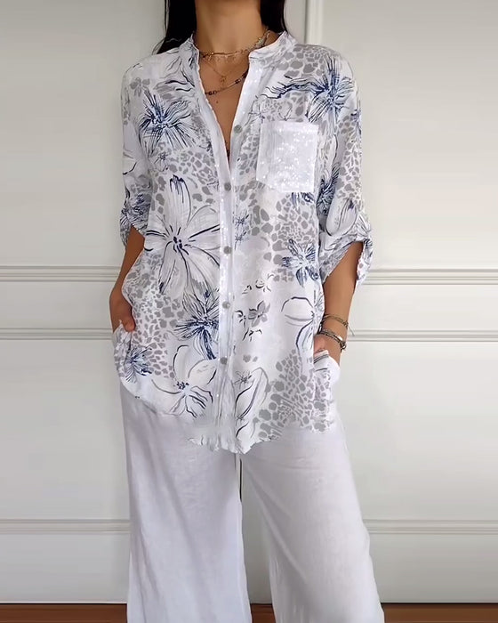 Skjorte Ståkrage Trykt Lomme