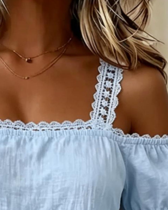 Blonde Bluse Med Lappverk Stropp Kalde Skulder