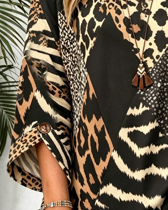 Bluse Rundhalset Knapp Leopard Rynket