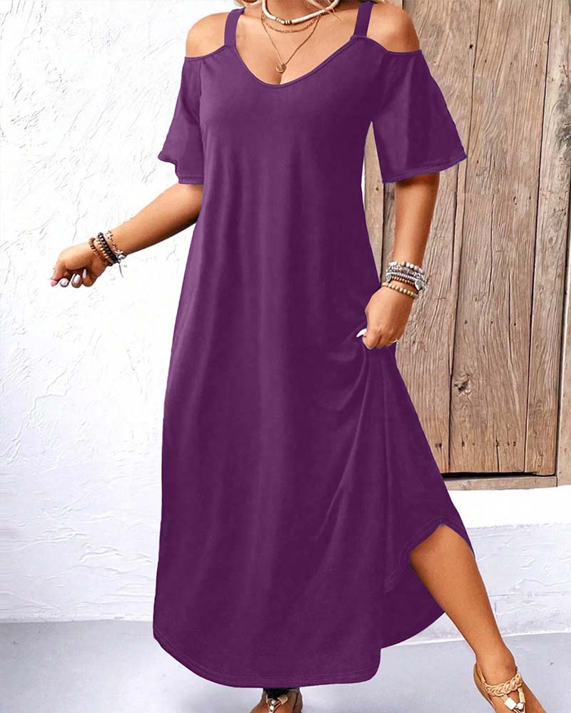 Kjole Ensfarget V-Utringning Off-Shoulder Lang