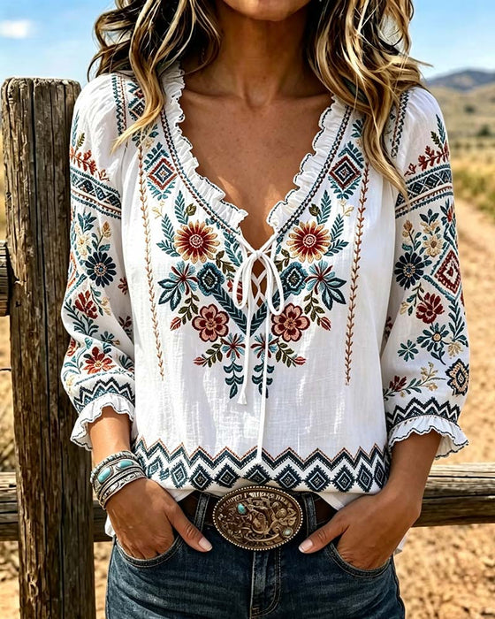 Bluse V-Hals Bohemisk Ruffle