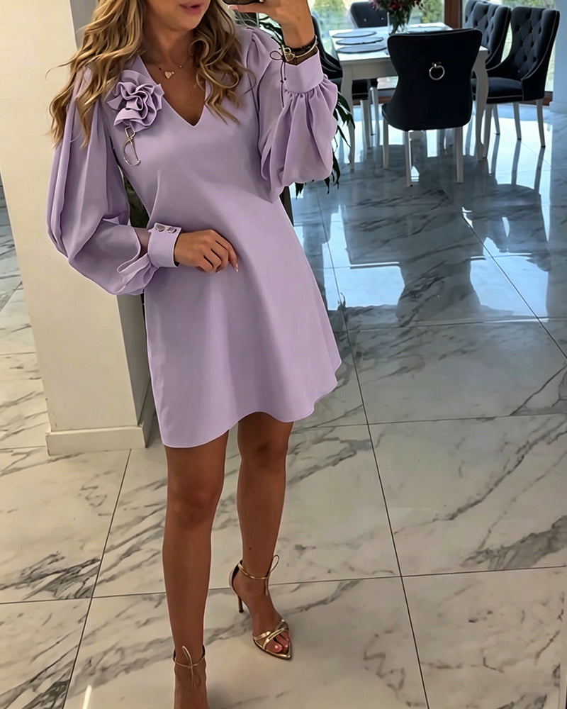 Kjole Tredimensjonal Blomst V-hals Lykt Erm
