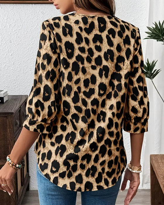 Bluse Halvlange Ermer Leopardprint Løs
