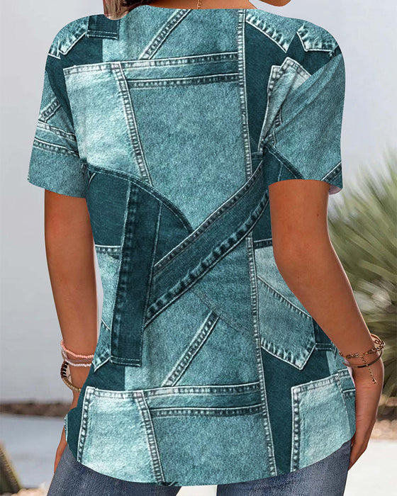 Bluse Vintage Denim Kontrast Utskjæring