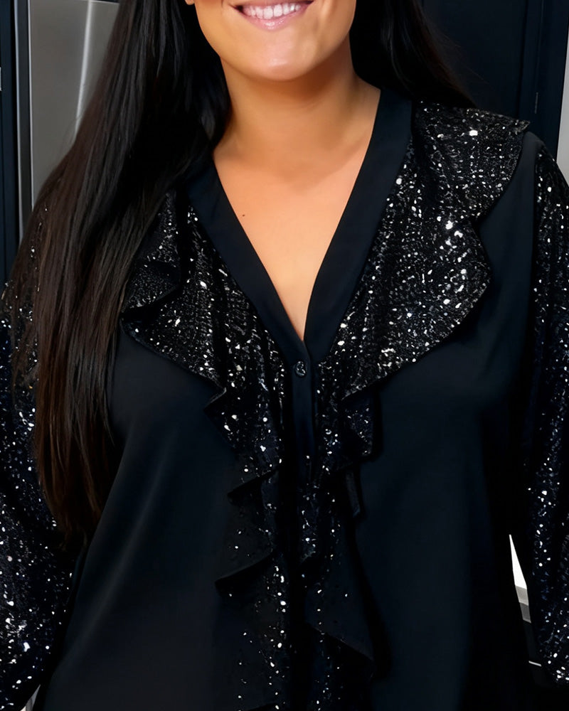Plussize Bluse Med Rysjer Og Paljetter