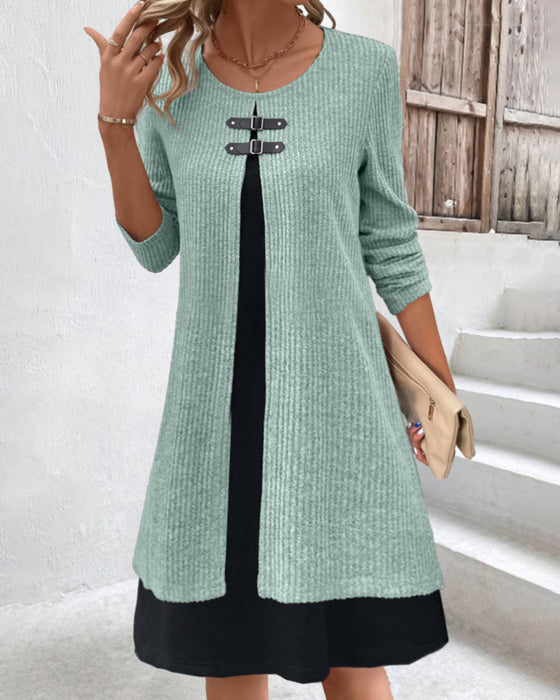 Patchwork, ribbet kjole med lange ermer
