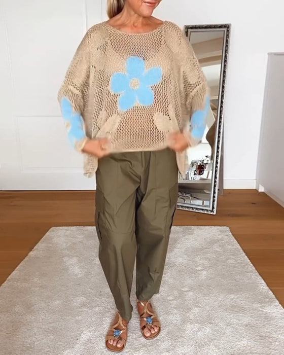 Uformell blomstret genser med lange ermer med rund hals og hul