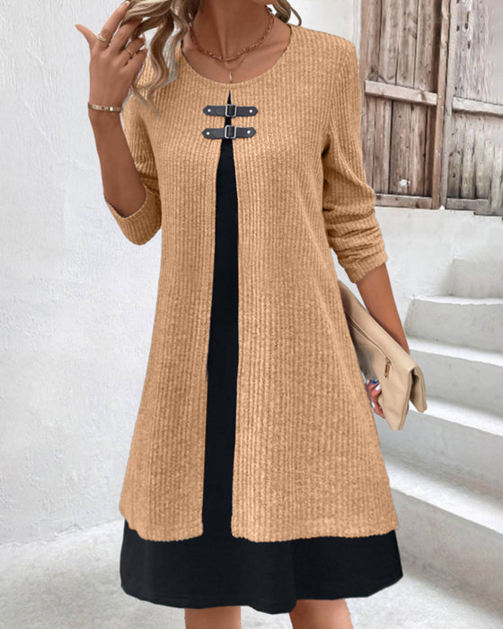 Patchwork, ribbet kjole med lange ermer