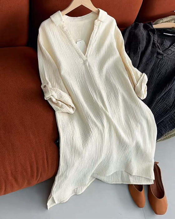 Kjole Langermet Ensfarget Enkel Krage