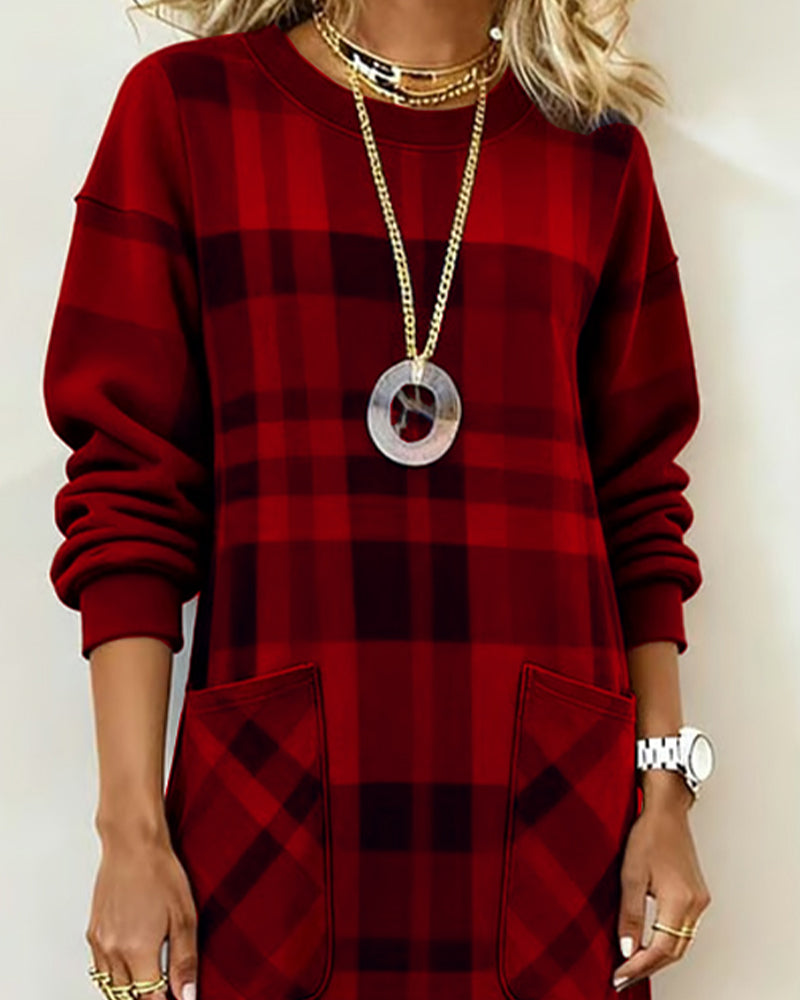 Kjole Rute Trykk Lomme Shift