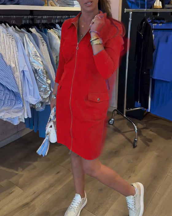 Kjole Krage Ensfarget Glidelås Lang Erme