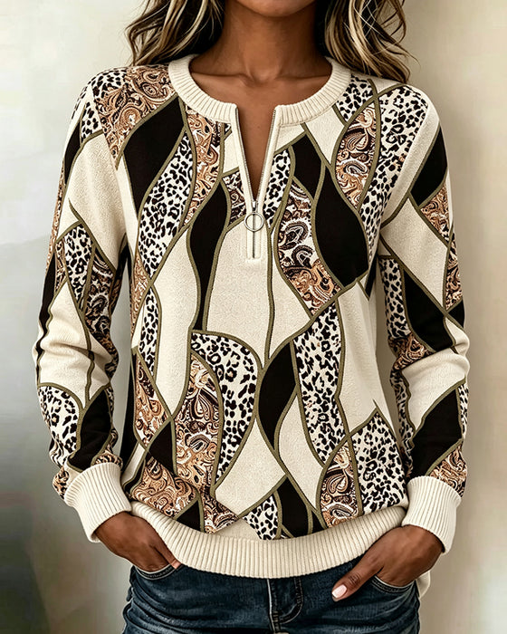 Genser Rund Hals Glidelås Leopardmønster Patchwork