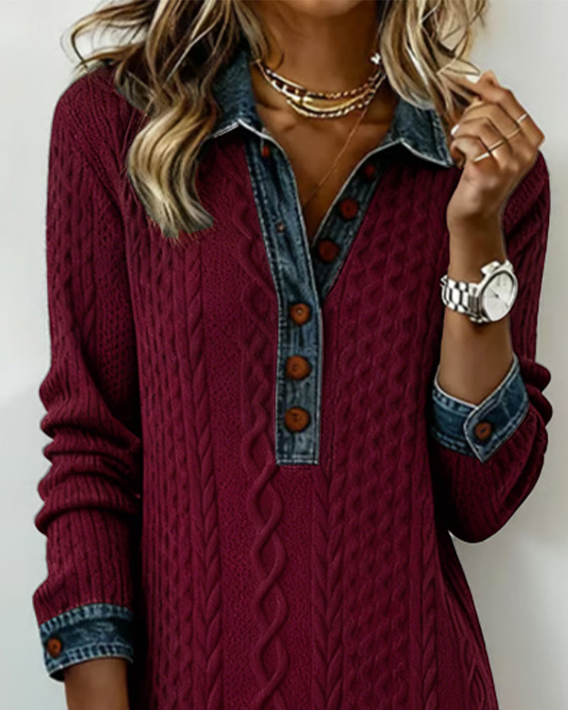 Kragekjole I Denim Med Flettestrikk Og Lappverk