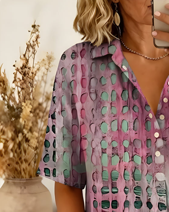 Bluse Prikket Trykk Knapp Halv Stolpe