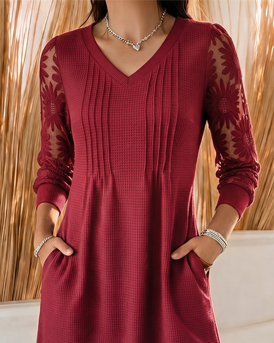 Kjole V-Hals Rynket Patchwork