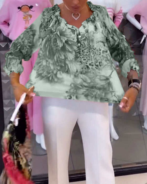 Bluse Med V-Hals Blomstertrykk