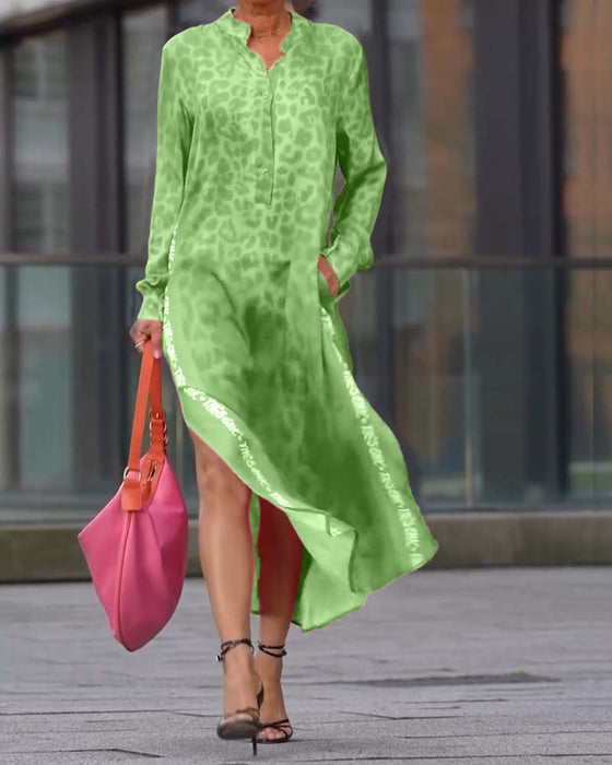 Kjole Langermet Leopardskrift Splitt