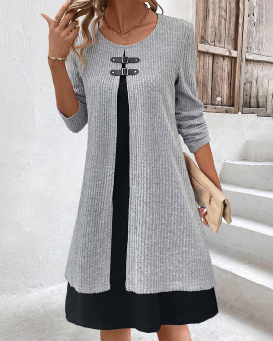 Patchwork, ribbet kjole med lange ermer
