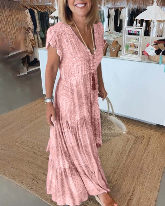 V-hals kjole med delte ermer med ferietrykk