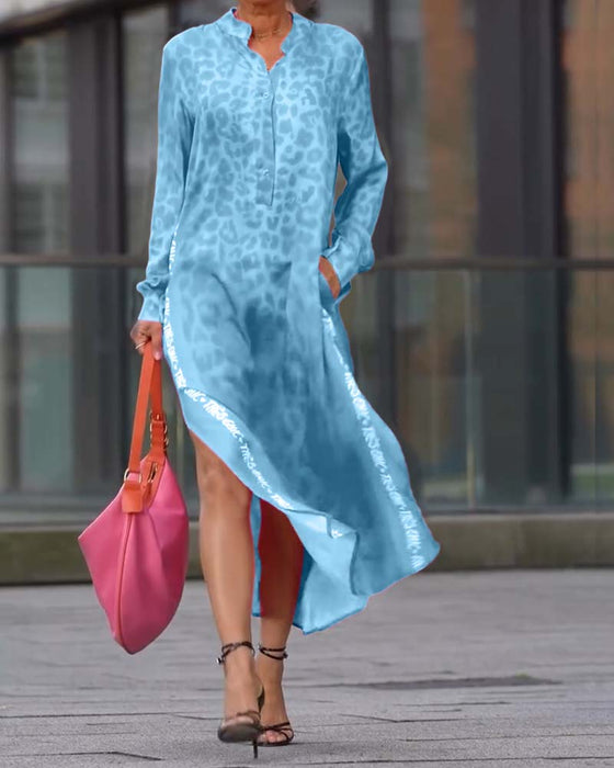 Kjole Langermet Leopardskrift Splitt