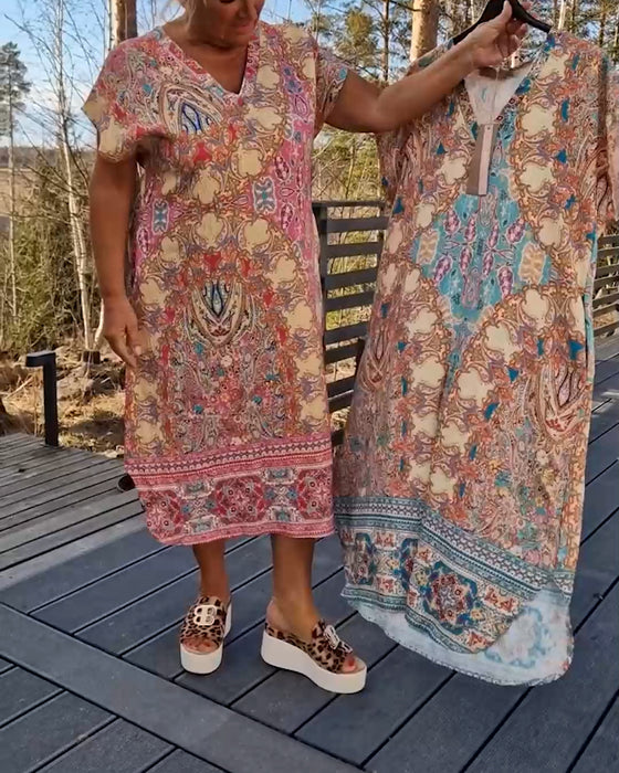 Kjole V-Hals Kortermet Mønstret Rett