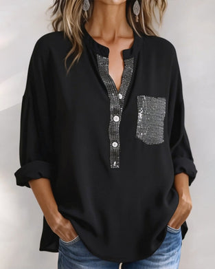 Casual Topp Paljett Patchwork Løs