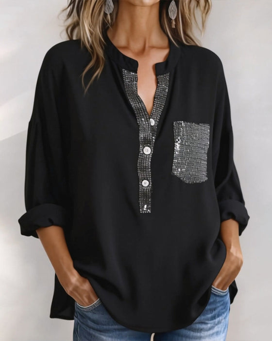 Casual Topp Paljett Patchwork Løs