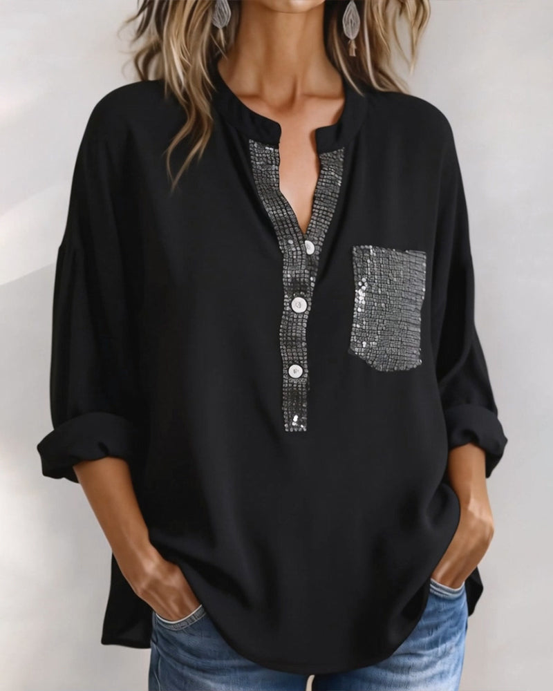 Casual Topp Paljett Patchwork Løs