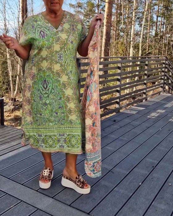 Kjole V-Hals Kortermet Mønstret Rett