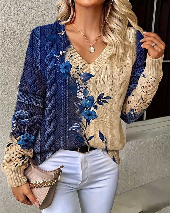 Pullover Gradient Fargeblokk Blomstret V-Hals Uthuling