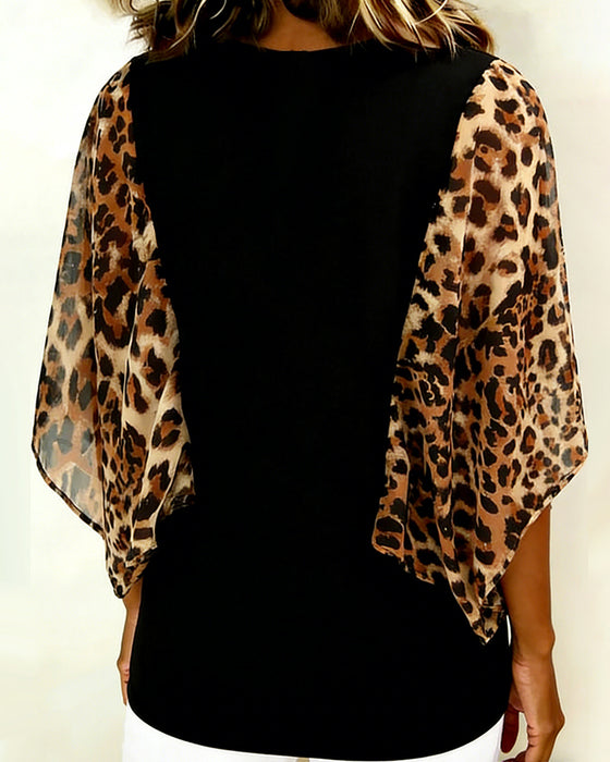 Bluse Flaggermuserme Leopardtrykk Lappeteknikk